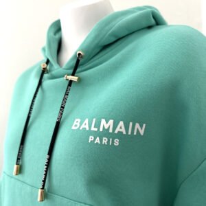 BALMAIN Flocked Logo Women's Hoodie | Sea Green / White | Size M
