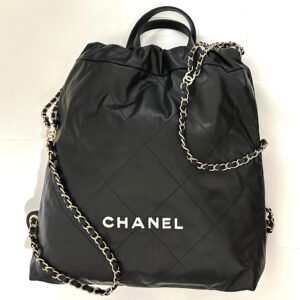 Chanel 22 Black Calfskin Backpack with White Logo & Gold-Tone Hardware