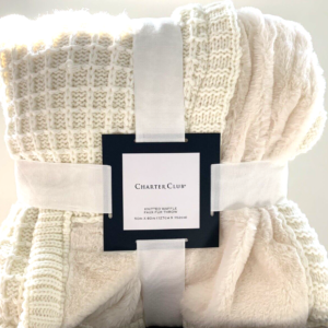 Charter Club Waffle Knit Faux Fur Throw Blanket | Cream / Ivory | 50" x 60"