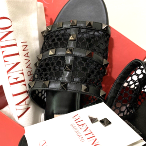 Valentino Rockstud Embellished Interwoven Mesh Flat Slides Sandals | Black | US 7